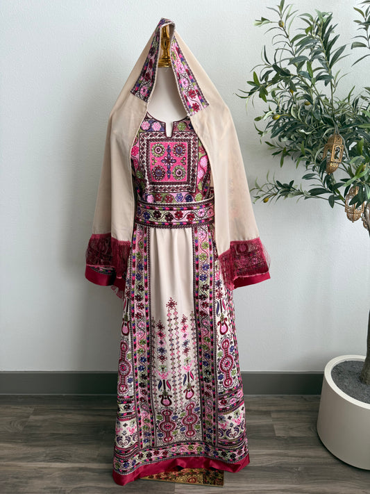 Cream and Magenta Malaaka Thobe